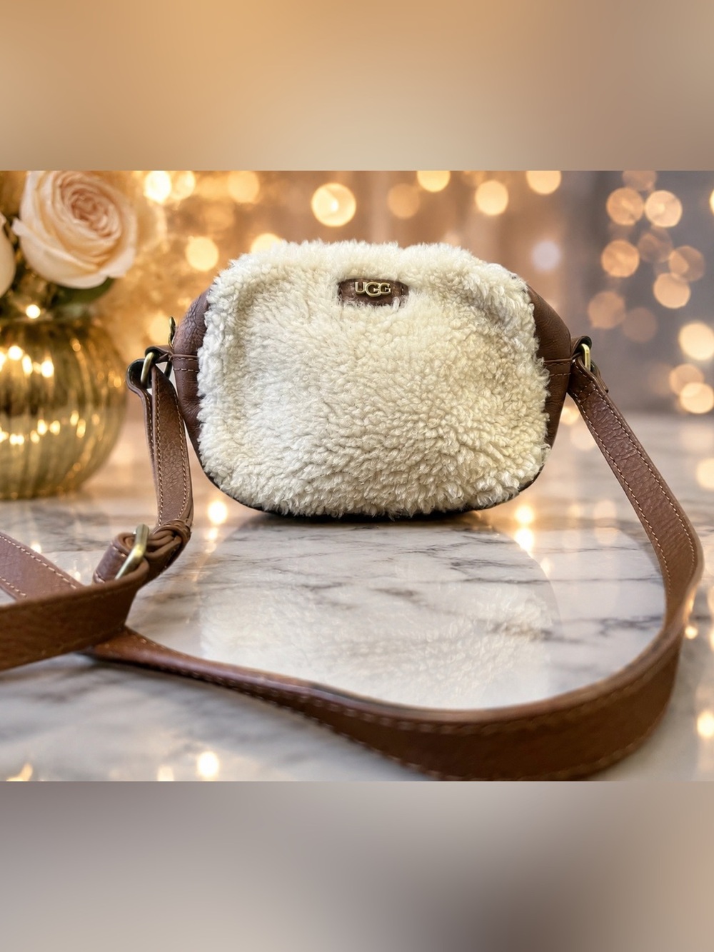 UGG Cream Shearling Front Brown Leather Crossbody Bag